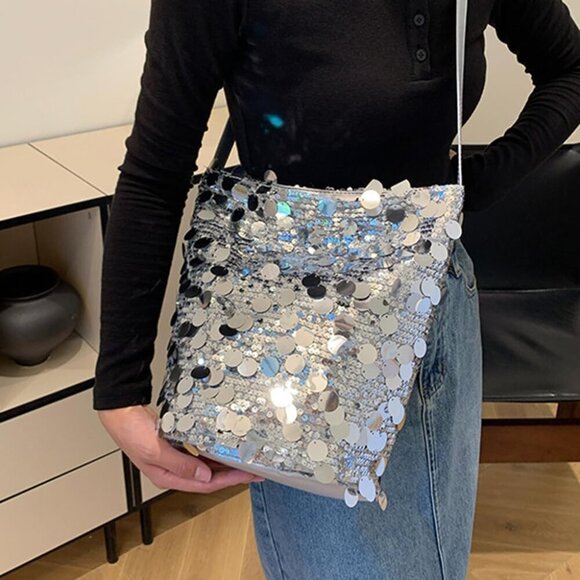 Sequin Bag Silver Black Buckle Shoulder Crossbody Party Purse for Women - Picture 2 of 5